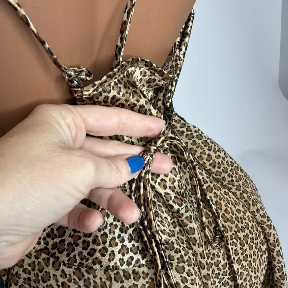 Vintage 80s Lingerie Slip Dress Womens M Leopard Print Lace Satin Coquette Fairy